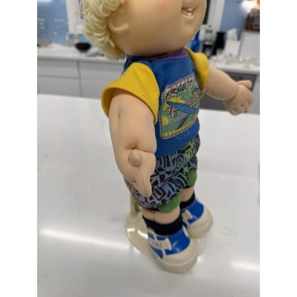 Vintage Cabbage Patch Kids Boy Doll Blonde Yarn Hair Skateboard Shirt 90s Retro